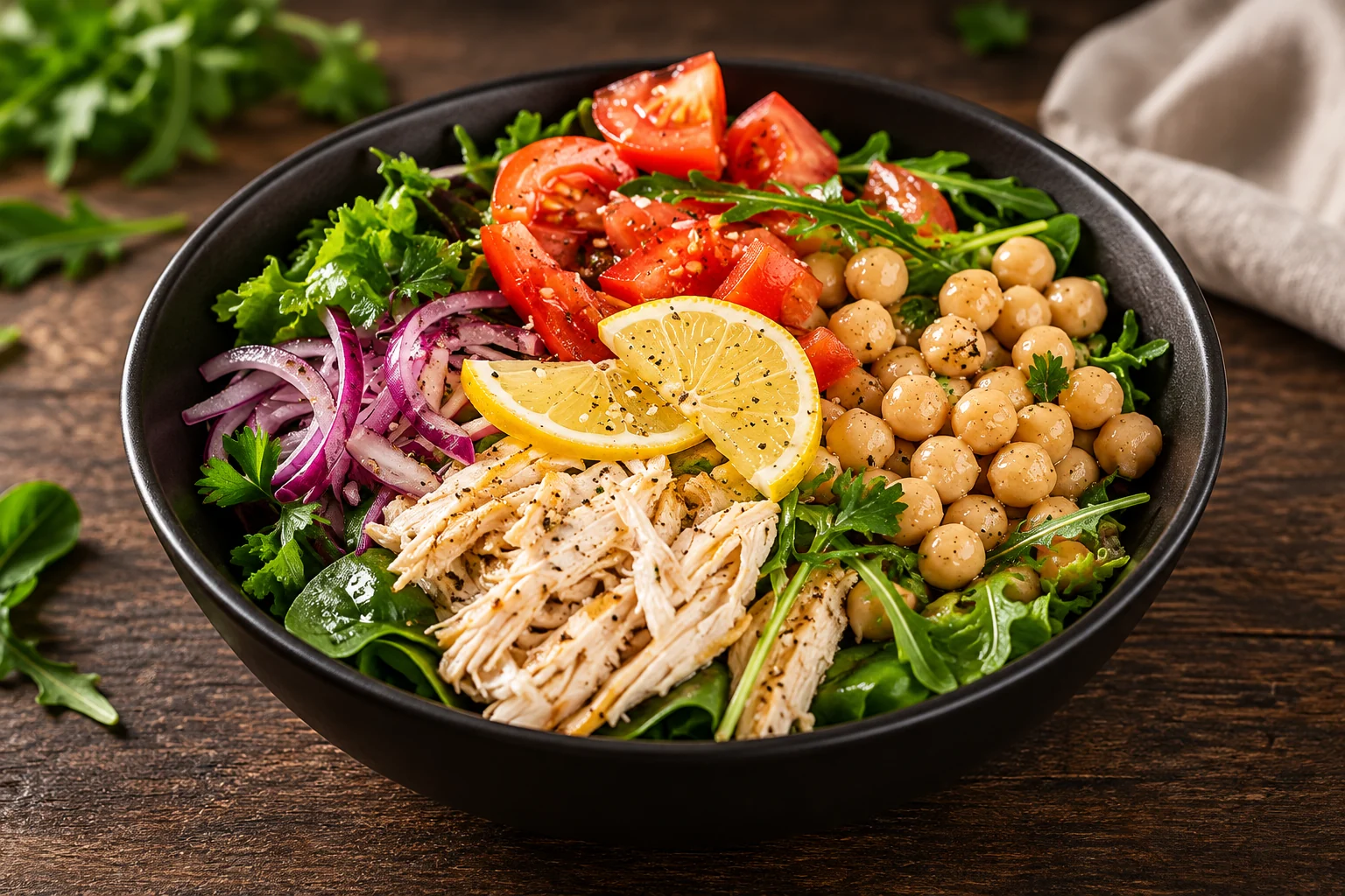 Salada com frango desfiado, grão-de-bico, tomate, cebola roxa e folhas verdes